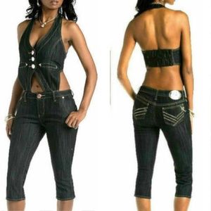 NEW ROCAWEAR Y2K Detachable Vest Denim 2 piece Jumpsuit Jeans romper Open back 7